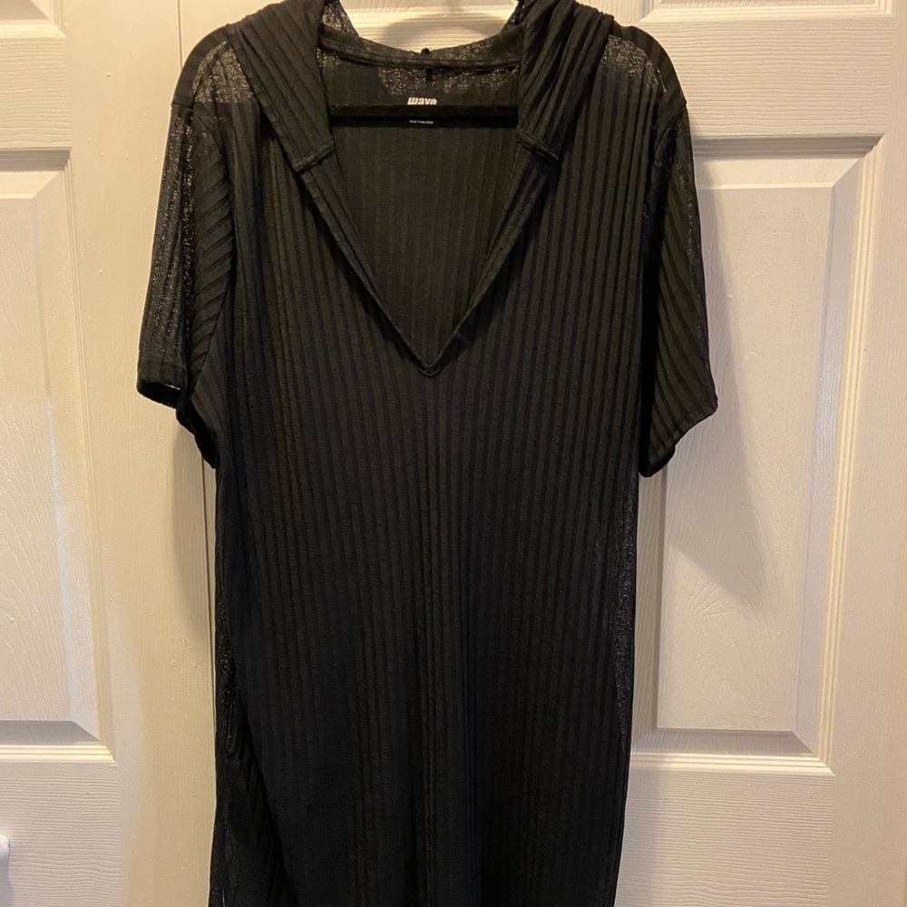 Black Sheer Hooded V-Neck Swimsuit Coverups w/ 2 Side Pockets & Small Side Slits